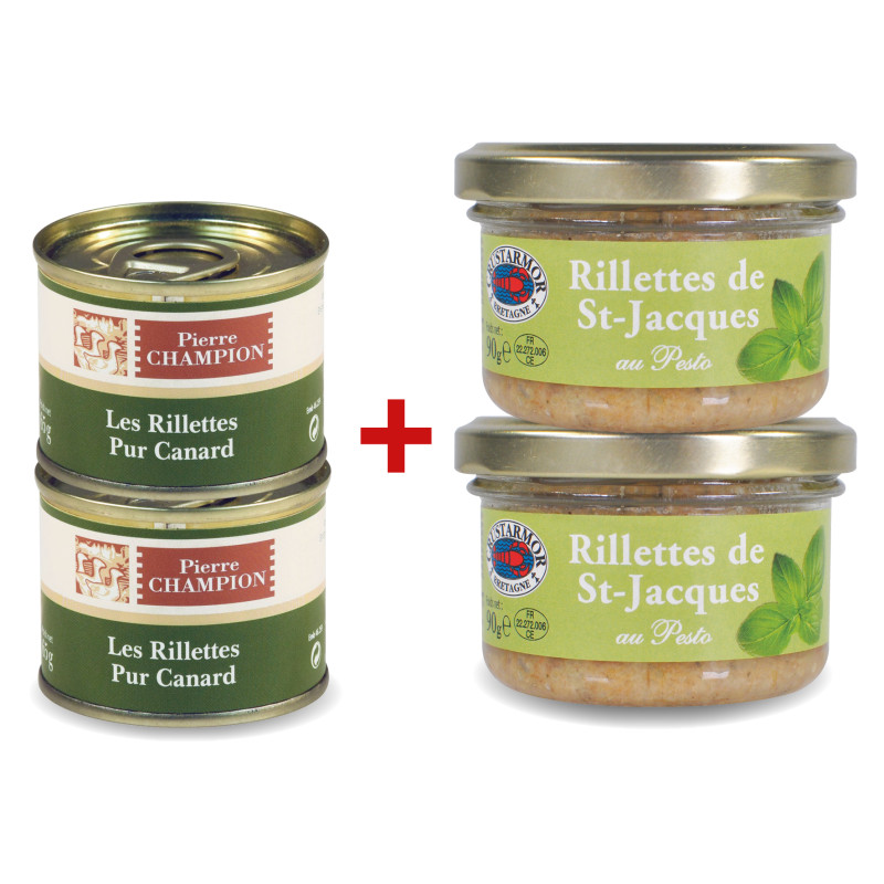Le Lot de 4 "Les Rillettes de St-Jacques au Pesto - 2 x 90 g + Les Rillettes Pur Canard - 2 x 65 g" - WFQ