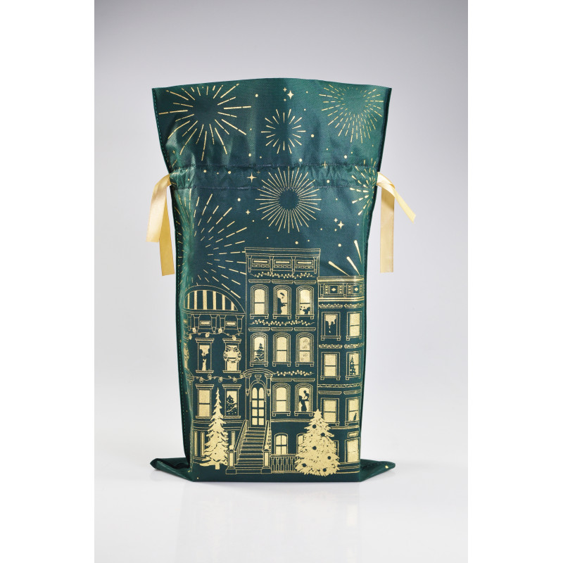 Pochon en Papier Intissé Vert et Or Décor "Ville en fête"