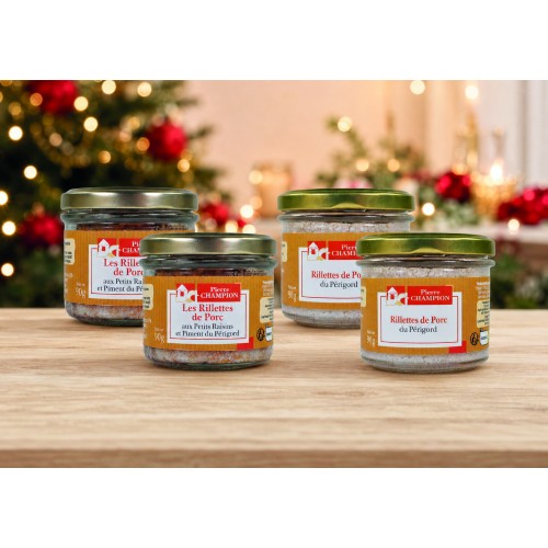 Les 2 Rillettes de Porc aux Petits Raisins et Piment du Périgord + Les 2 Rillettes de Porc du Périgord, 4 x 90 g - WFQ